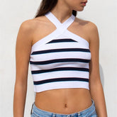 Striped Cross-Halterneck Knitted Base Tube Top Outer Vest