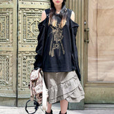 Pullover Top Halloween Persönlichkeit Totenkopf schulterfrei Langarm Unregelmäßig Asymmetrisch Halloween T-Shirt