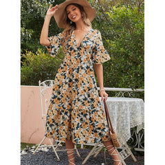 Casual Waist Tight Slimming V Neckline Floral Dress