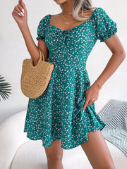 Casual Bell Sleeve Drawstring Lace Floral Print Large Swing Dress