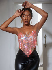 Criss Cross Mirror Bar Nightclub Backless Metal Crop Top Spaghetti Strap Tube Top