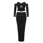 Heavy Industry Heart Shaped Rhinestone Pleated Two Piece Mesh Bandage Skirt Set
