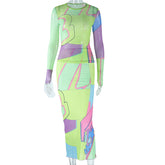 Print round Neck Long Sleeved Top Package Hip Mid Rise Skirt Two Piece Suit Trendy Suit