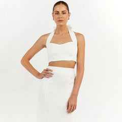 Khaki Cotton Linen Sleeveless Vest Camisole Slim Fit Maxi Skirt Set Skirt