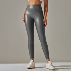 Faux Leather Pants High Elastic High Waist Solid Color Bright Black Tight Trousers Running Fitness Yoga Pants