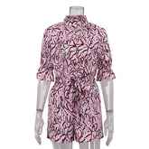 StCollar Short Sleeve Shirt High Waist Lace up Shorts Two Piece Set Casual Set