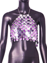 Punk Color Matching Sequin Halter Spaghetti Straps Vest