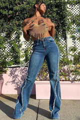 Jean droit taille haute délavé et effiloché tendance
