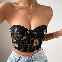Low Cut Cropped Embroidery Short Top Chest Cotton Steel Ring Vest