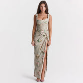 Chiffon Printed Spaghetti Straps Cropped Top Skirt Split Dress Two Piece Sets