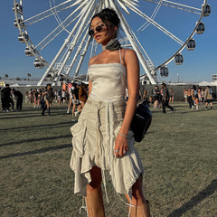 Street Irregular Asymmetric Pocket Skirt High Waist Skirt Lace up All Match Pleated Workwear Skirt