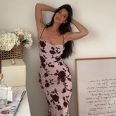 Robe de vacances à bretelles, dos nu, imprimé rose, coupe ajustée, à lacets