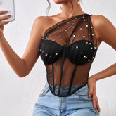 Sheer Mesh Wrapped Chest Steel Ring Boning Corset Slim Waist Rhombus Vest