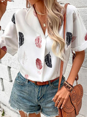 Collared Feather Printed Short Sleeved Top Shirt