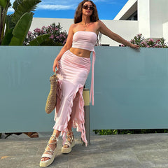 Einfarbig Bandeau Split Unregelmäßig Asymmetrisch Etuirock Zweiteiler Sets Sets Sets