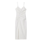 Early V neck Pleated Side Slit Strap Cotton Linen Dress