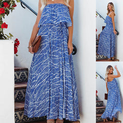 Printed Elegance Sleeveless Wrapped Chest Ruffled Large Swing Dress