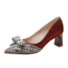 Bow Pointed High Thick Fairy Autumn Heels