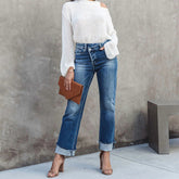 Bürohose mit hoher Taille und schmaler Passform, Flanging-Jeans