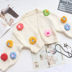 Coat Crocheted Three-Dimensional Floral Lantern Sleeve Socialite Loose Lazy Thick Warm Sweater Cardigan