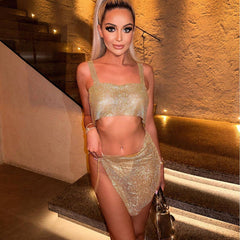 Metal Full Diamond Dress Sweet Spicy Strap Skirt Set Cami Dress