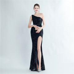 Positioning Floral Sequin One Shoulder Diagonal Collar Side Slit Long Evening Dress