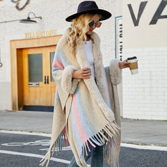 Hooded Cape Striped Knitted Tassel Shawl