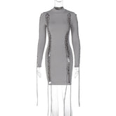 Patchwork Hollow Out Cutout out Long Sleeve Narrow Dress