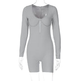 Zipper U Shaped Collar Long Sleeve Tight Jumpsuit Fall Solid Color Shorts