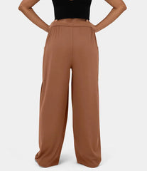 Elastic Waist Pleated Wide Leg Pants High Waisted Trousers Casual Loose Trousers