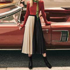 Large Swing Skirt Color Matching Pleated Skirt Pleated Slim Fit Patchwork Skirt