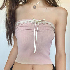Sweet Girl Pink Bow Lace up Contrast Color Lace Tube Top Gentle Slim Fitting Back Shaping Waffle Top