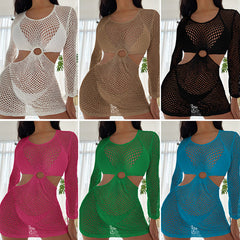 Casual Holiday Short Dress Slim Waist Hollow Out Cutout round Neck Slim Fit Long Sleeved Sunscreen Beach Dress