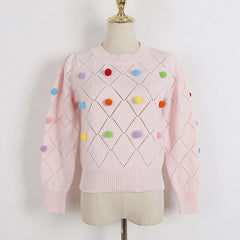 Puff Sleeve round Neck Sweater Early Sweet Colorful Fur Ball Hollow Out Cutout Pullover