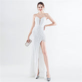 Robe de soirée corset à armatures haut de gamme, faite à la main, avec perles et sequins floraux