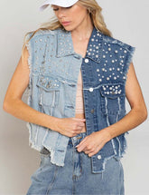 Gilet en jean avec perles épissées, veste courte ample en jean