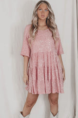 Sequined round Neck Short Sleeve Large Swing Cute Dress