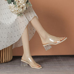 Women's Summer Transparent Mid Chunky Crystal High Heels