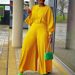 Loose Casual Shirt Top Wide Leg Pants Two Piece Suit