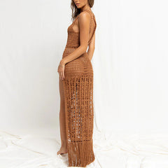 Beach Covervup Cutout out Tied Tassel Bikini Outwear Maxi Dress