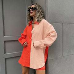 Ensemble deux pièces chemise et short à manches longues et coutures amples de couleur contrastée de Street Casual