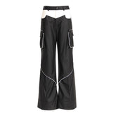 Pantalon de niche déconstruit, patchwork de couleurs contrastées, pantalon fendu tridimensionnel, pantalon décontracté, pantalon en cuir