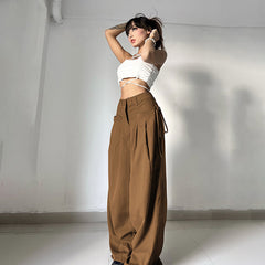 Distressed Gray Woven Straight Leg Pants High Waist Loose Slim Fit Draping Ribbon Trousers