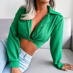 Suit Collar Knotted Shirt Cropped Top