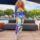 Bedrucktes, schmal geschnittenes Patchwork-Langarmkleid aus Netzstoff