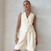 Gilet sans manches beige en coton et lin, costume deux pièces ample et respirant