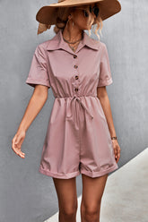 Shirt Collar Short Sleeve Lace-up Romper