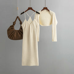 Pure Halterneck With Suspenders Knitted Dress Trendy Cardigan Two Piece Set