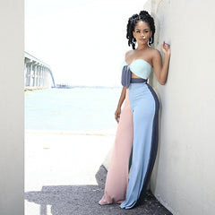 Nightclub Uniforms Color Contrast Patchwork Chest Wrap Bell-Bottom Pants Suit Two-Piece Set