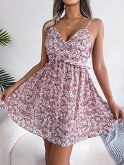 Floral V-neck Ruffled Large Swing Dress Holiday Cami Dress